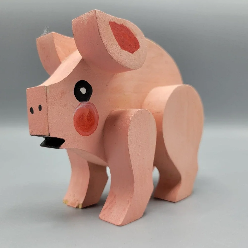 Vtg Handcrafted Wooden Pig Figurine Folk Art Collectible Animal Decor Farm House